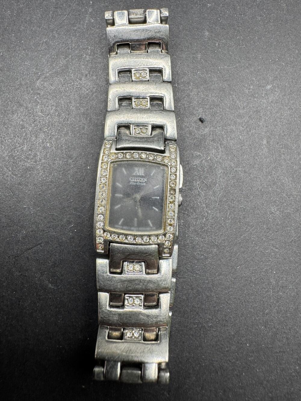 Citizen Eco-Drive Silver Tone Crystals Accents Black Dial Stainless Steel 17mm